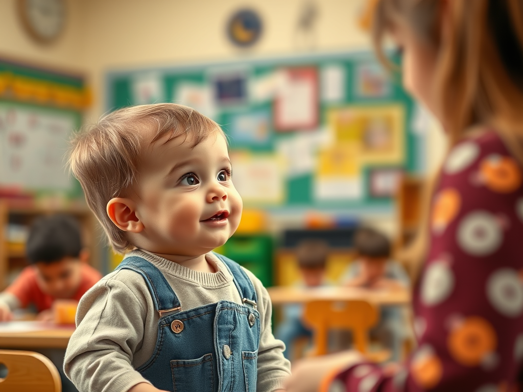 Smiling toddler in denim overalls looking up at a teacher in a colorful preschool classroom, capturing a joyful moment of interaction and language learning during early childhood education as part of natural toddler development.
