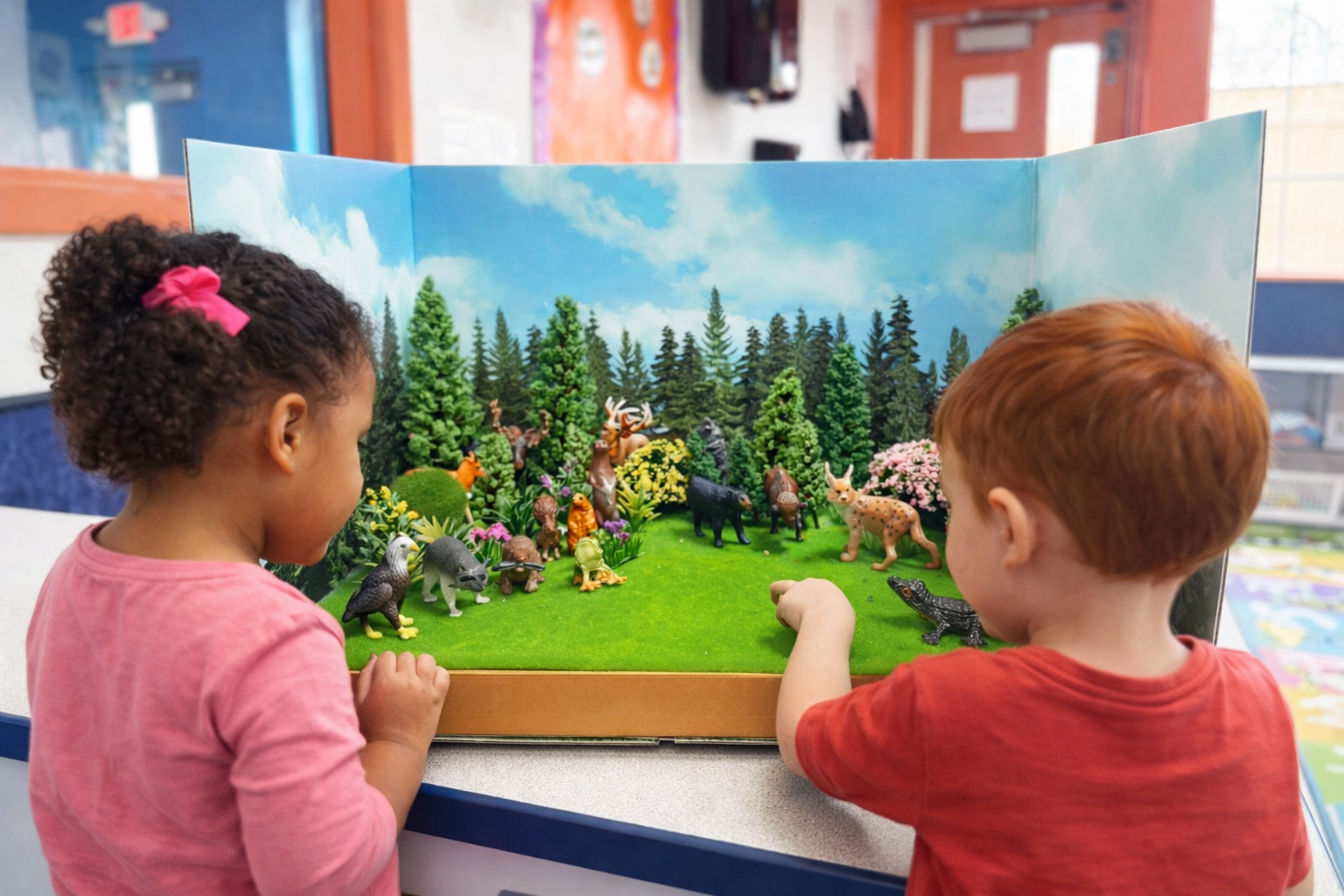 Preschool students observing a forest animal diorama habitat activity in an early childhood classroom while identifying woodland animals and discussing their features.
