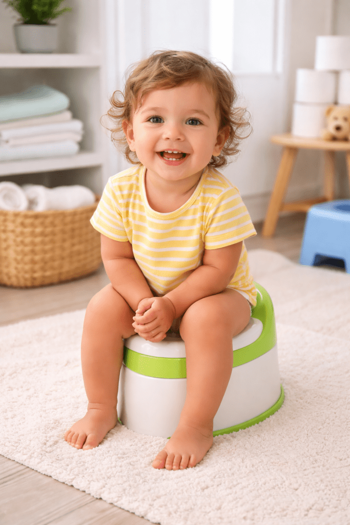 Smiling toddler sitting on a training potty during potty training practice, showing a positive early childhood routine that helps preschool children build confidence and independence.