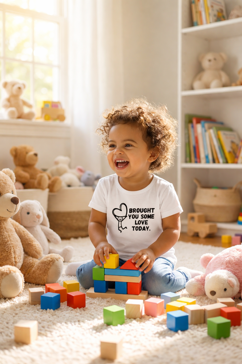 Happy toddler building with colorful wooden blocks during playtime in a bright playroom, representing play-based learning, toddler development, and early childhood education activities that support creativity and hands-on discovery.