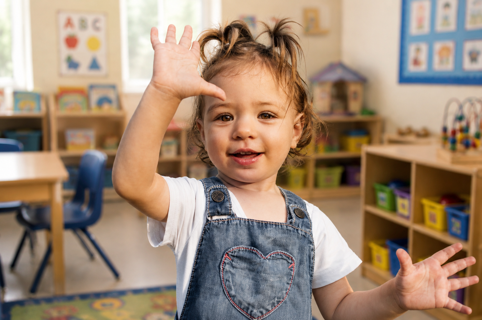 A smiling young child waves while standing in a bright classroom with toys, shelves, and child-sized furniture in the background.
